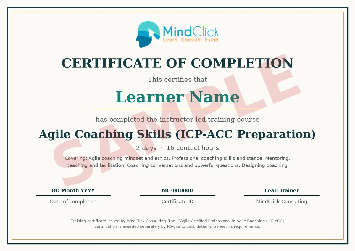 Sample MindClick certificate of completion for Agile Coaching Skills (ICP-ACC Preparation), marked SAMPLE
