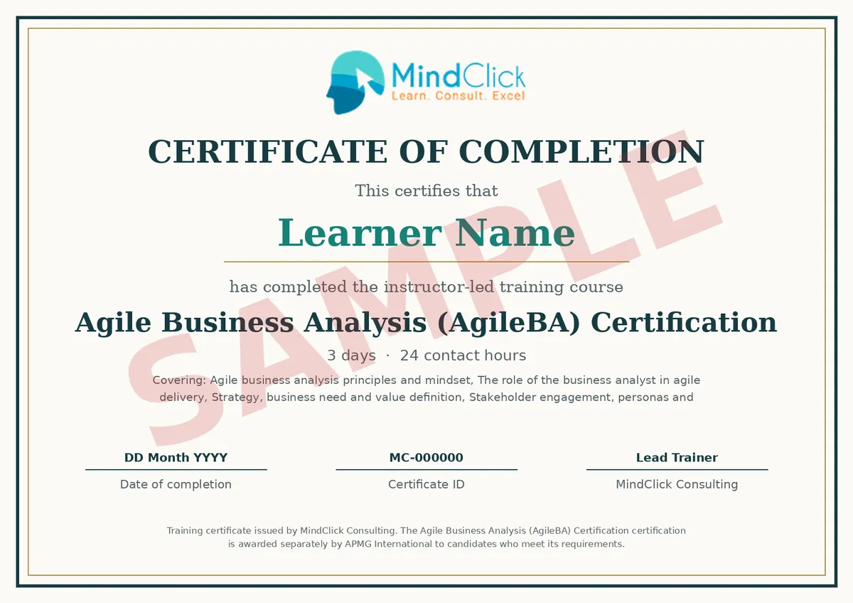 Sample MindClick certificate of completion for Agile Business Analysis (AgileBA) Certification, marked SAMPLE