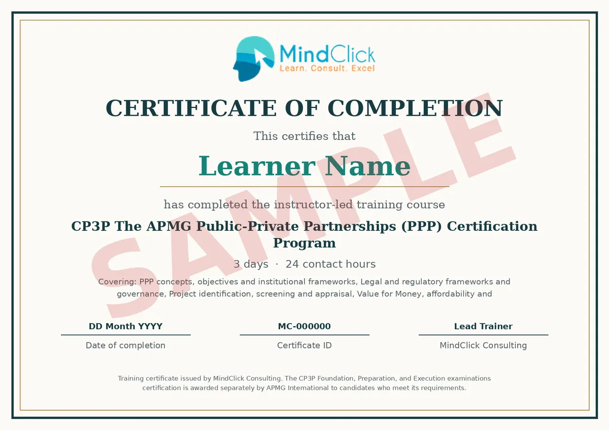 Sample MindClick certificate of completion for CP3P The APMG Public-Private Partnerships (PPP) Certification Program, marked SAMPLE