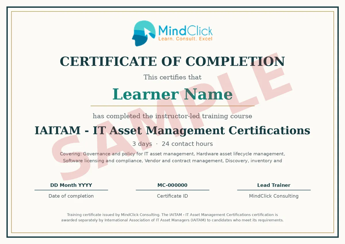 Sample MindClick certificate of completion for IAITAM - IT Asset Management Certifications, marked SAMPLE