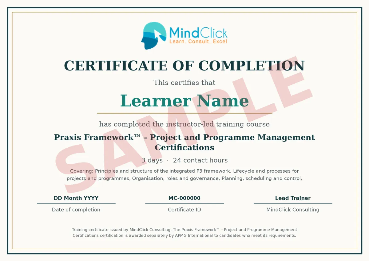 Sample MindClick certificate of completion for Praxis Framework™ - Project and Programme Management Certifications, marked SAMPLE