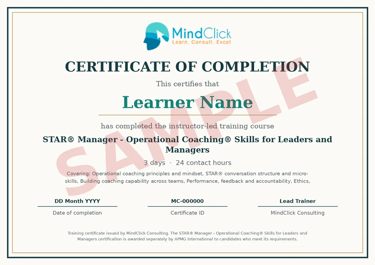 Sample MindClick certificate of completion for STAR® Manager - Operational Coaching® Skills for Leaders and Managers, marked SAMPLE