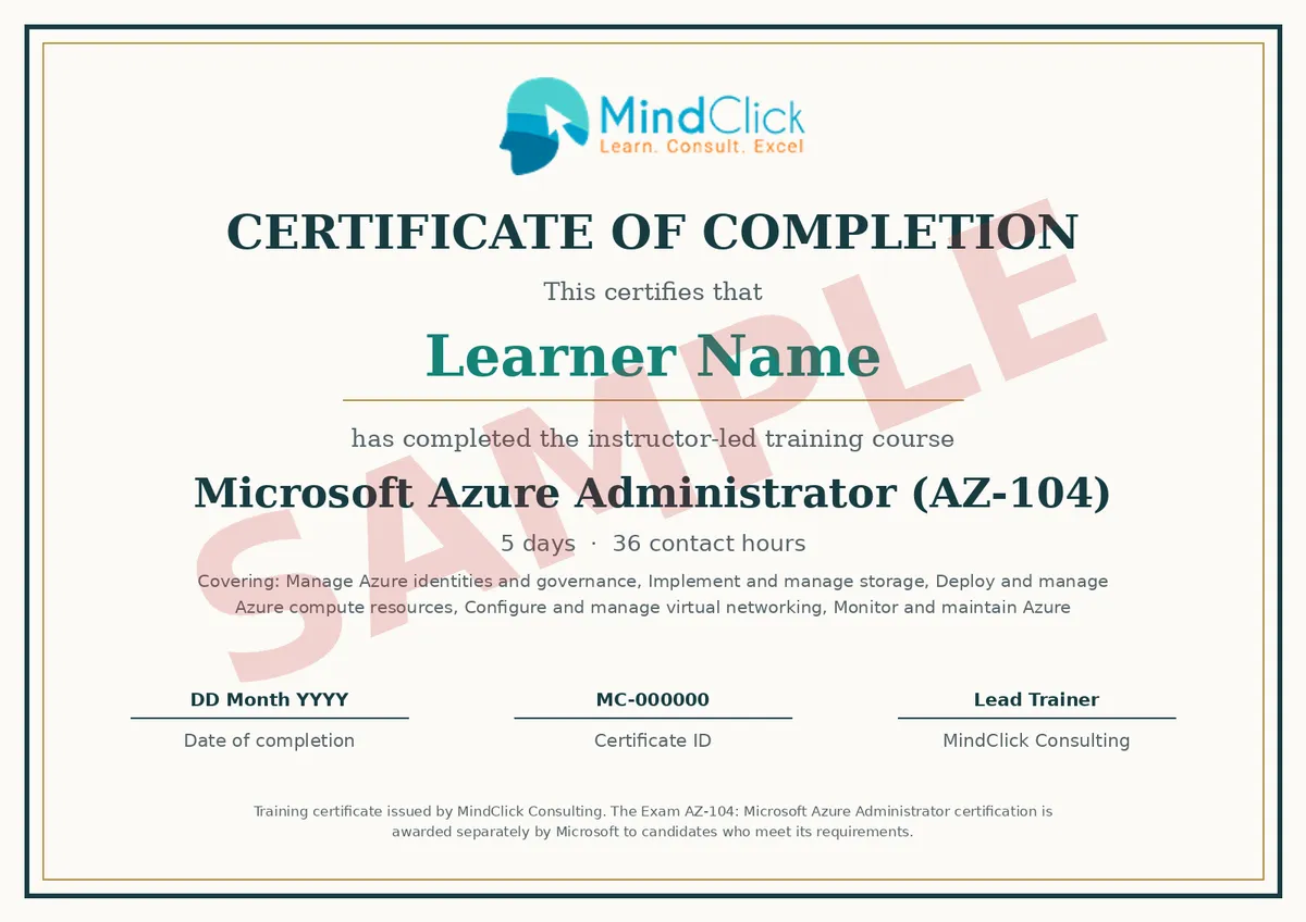 Sample MindClick certificate of completion for Microsoft Azure Administrator (AZ-104), marked SAMPLE