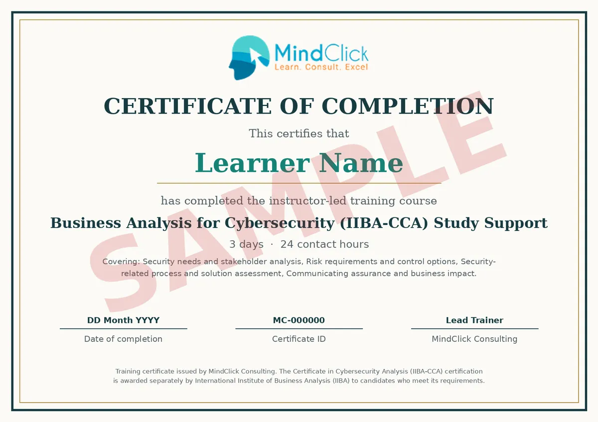 Sample MindClick certificate of completion for Business Analysis for Cybersecurity (IIBA-CCA) Study Support, marked SAMPLE