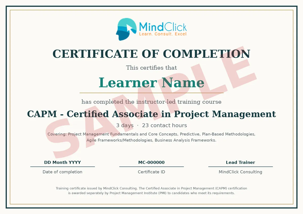 Sample MindClick certificate of completion for CAPM - Certified Associate in Project Management, marked SAMPLE