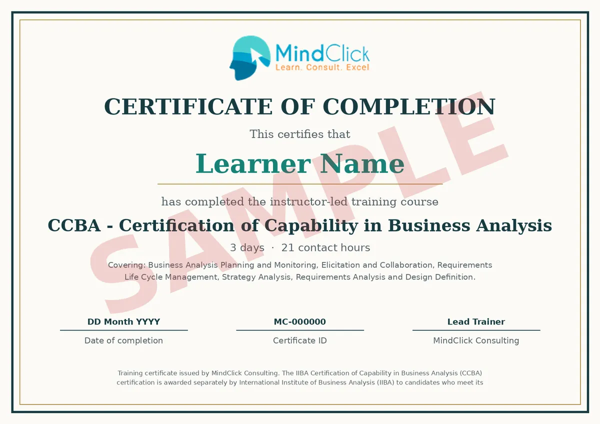 Sample MindClick certificate of completion for CCBA - Certification of Capability in Business Analysis, marked SAMPLE