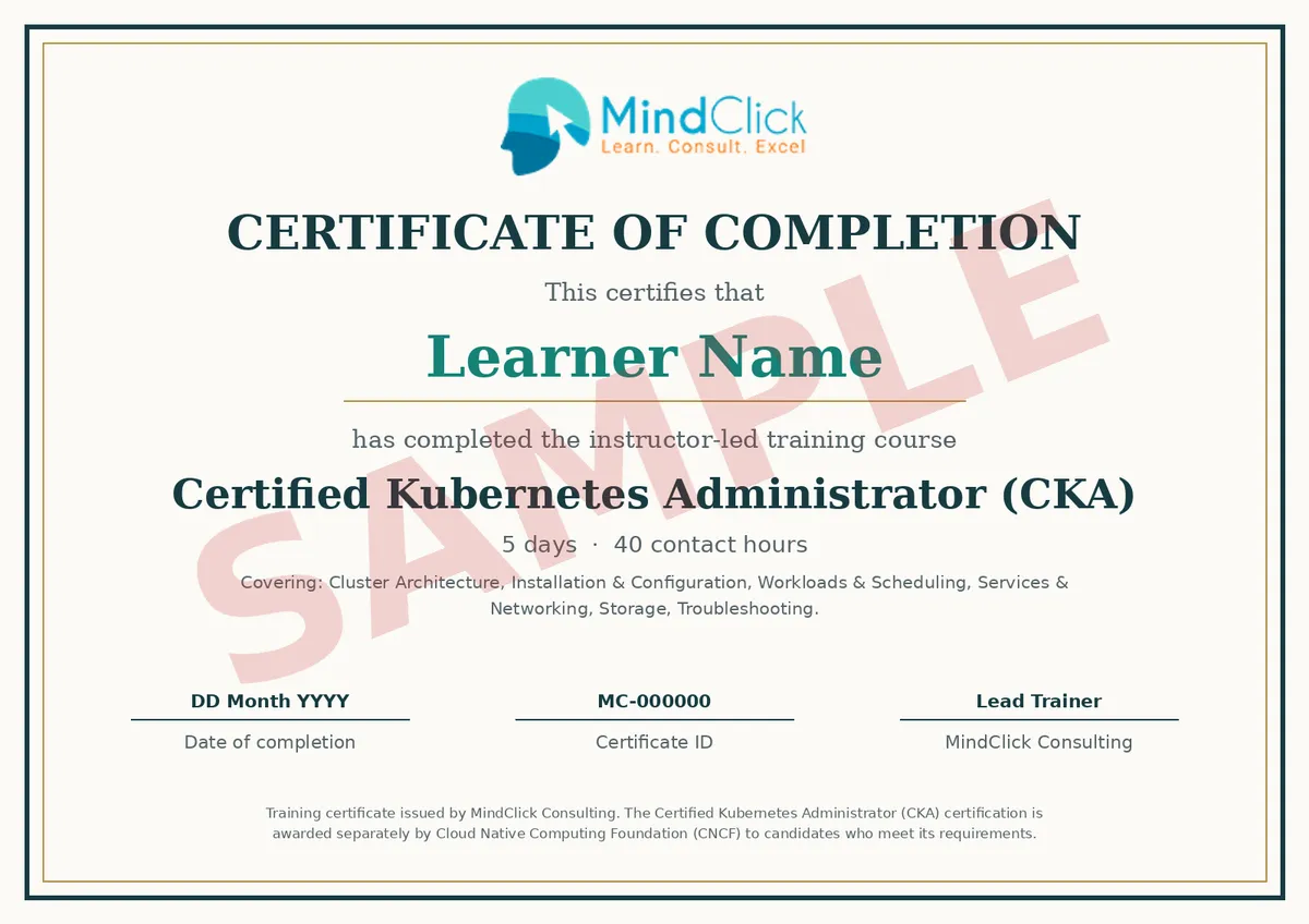 Sample MindClick certificate of completion for Certified Kubernetes Administrator (CKA), marked SAMPLE