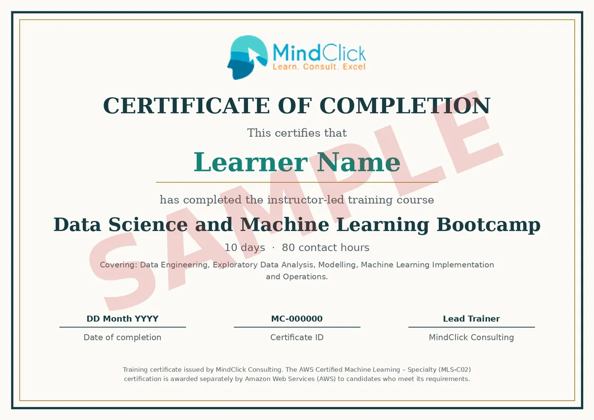 Sample MindClick certificate of completion for Data Science and Machine Learning Bootcamp, marked SAMPLE