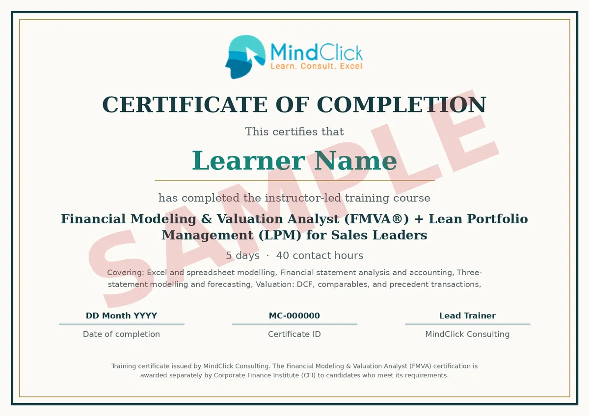 Sample MindClick certificate of completion for Financial Modeling & Valuation Analyst (FMVA®) + Lean Portfolio Management (LPM) for Sales Leaders, marked SAMPLE