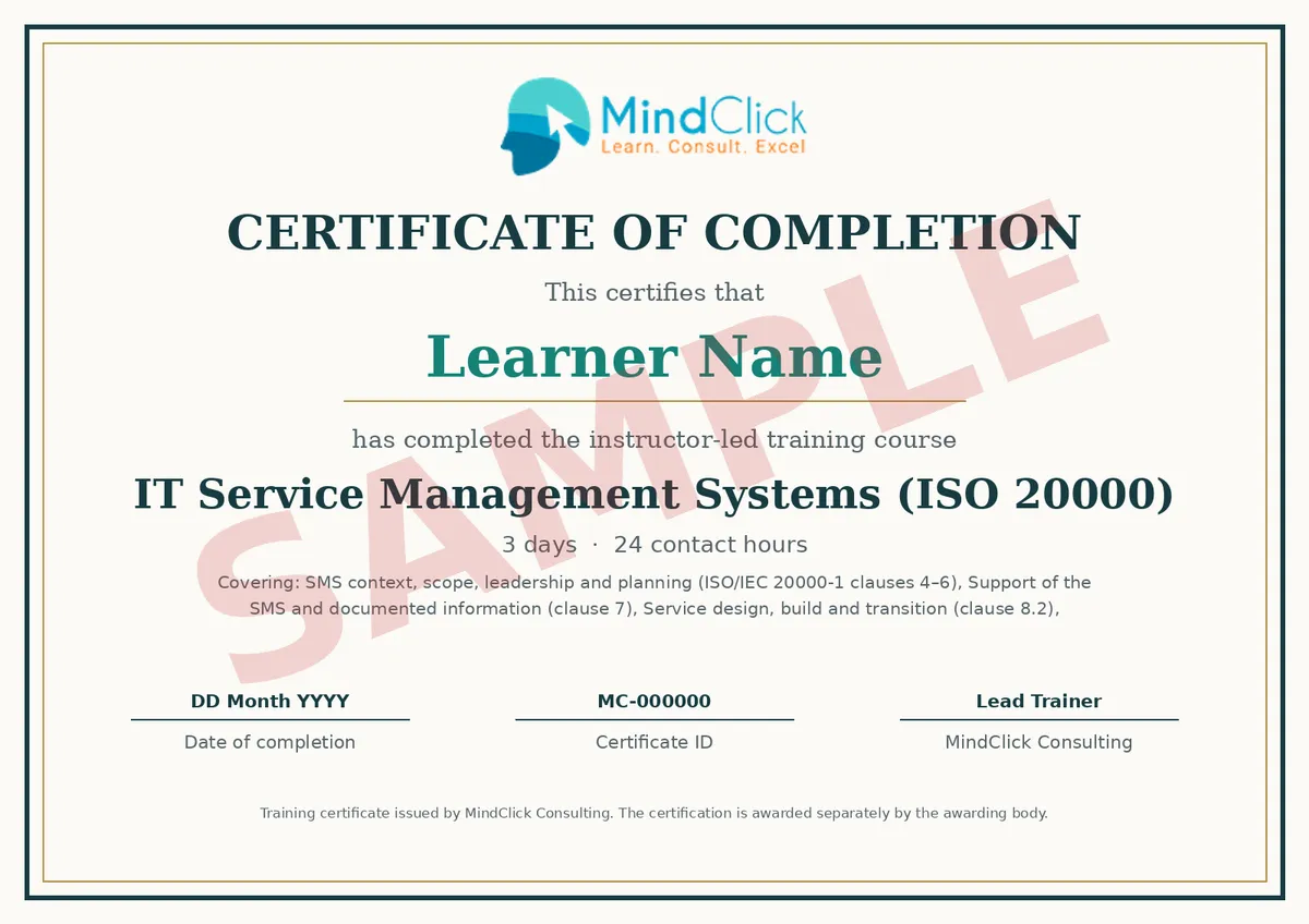 Sample MindClick certificate of completion for IT Service Management Systems (ISO 20000), marked SAMPLE