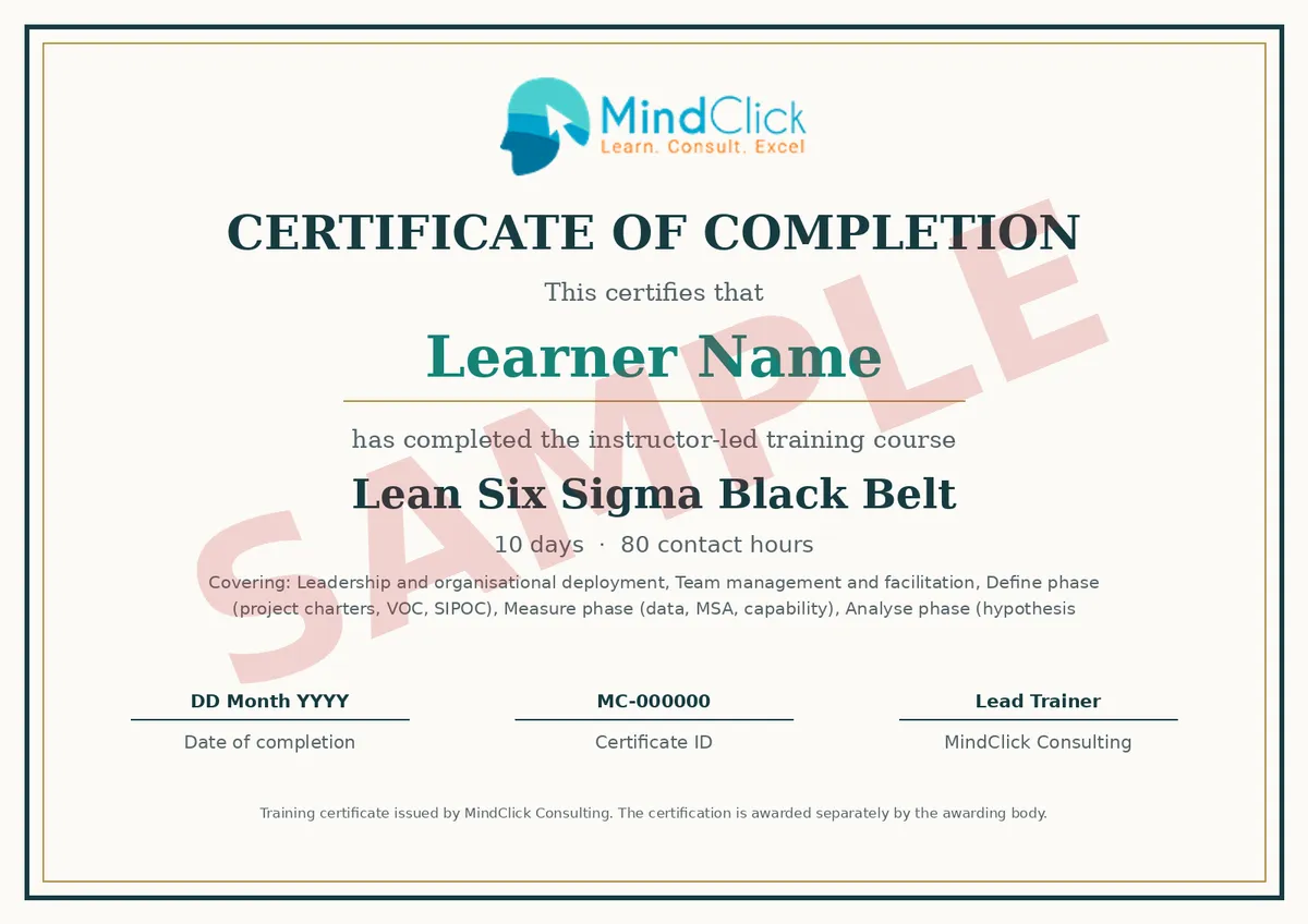 Sample MindClick certificate of completion for Lean Six Sigma Black Belt, marked SAMPLE