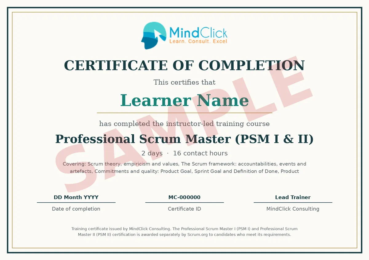 Sample MindClick certificate of completion for Professional Scrum Master (PSM I & II), marked SAMPLE