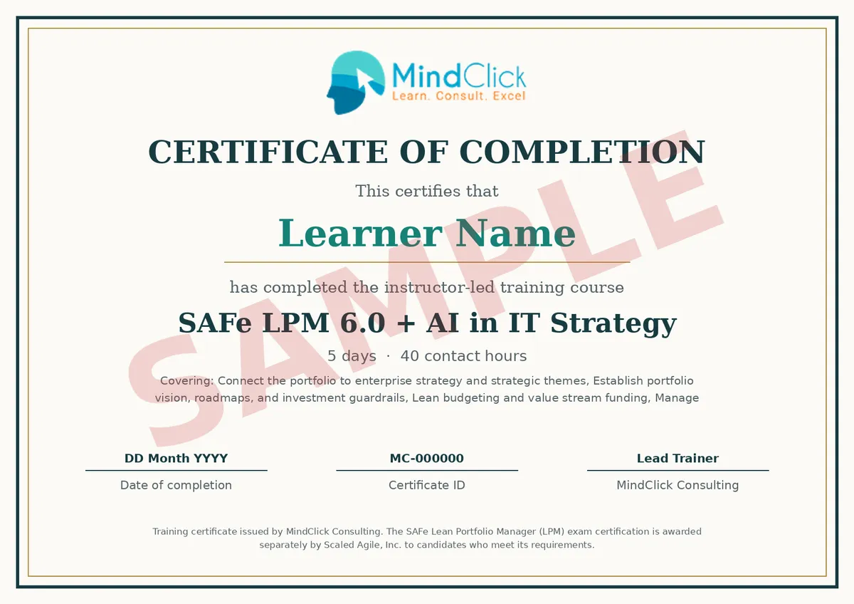 Sample MindClick certificate of completion for SAFe LPM 6.0 + AI in IT Strategy, marked SAMPLE